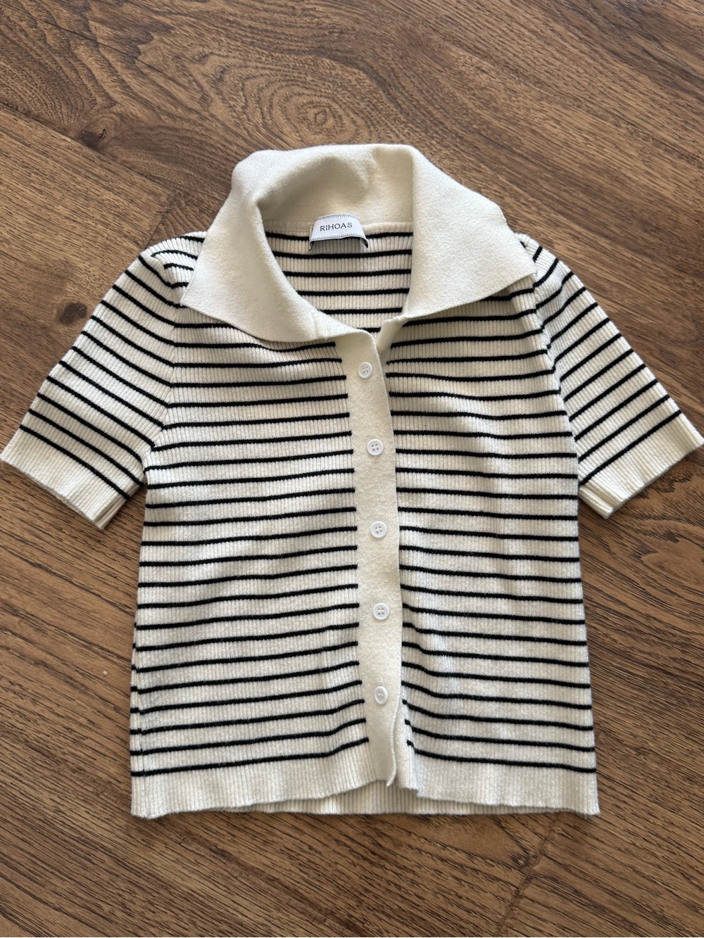 RIHOAS Cream and Black Striped Knit Polo S